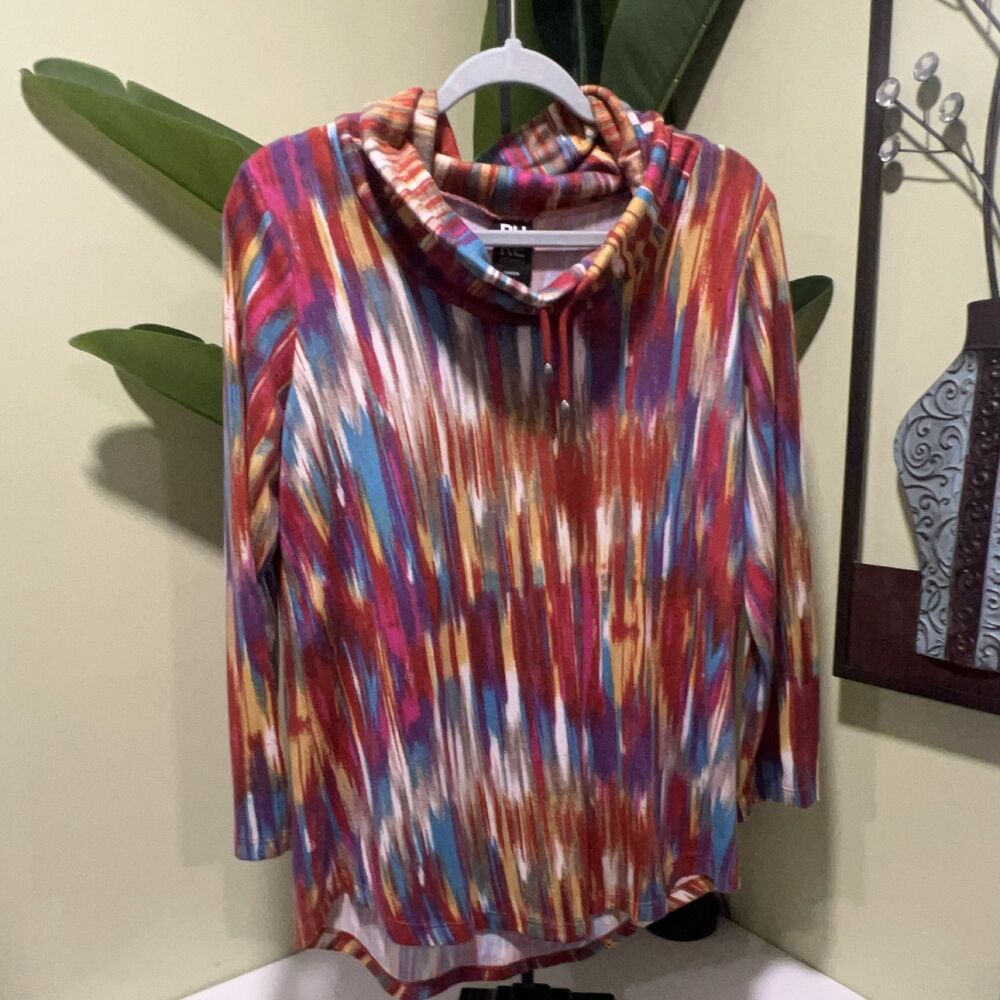 Pure Essence Cowl Neck Long Sleeve Top M Multicolor Polyester Spandex